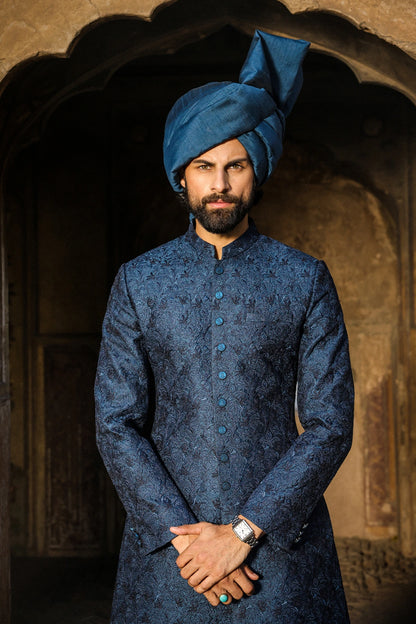 Teal with Blue Embroidered Sherwani for Men