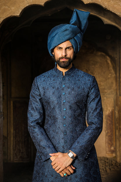 TEAL WITH BLUE EMBROIDRED SHERWANI GSW-115