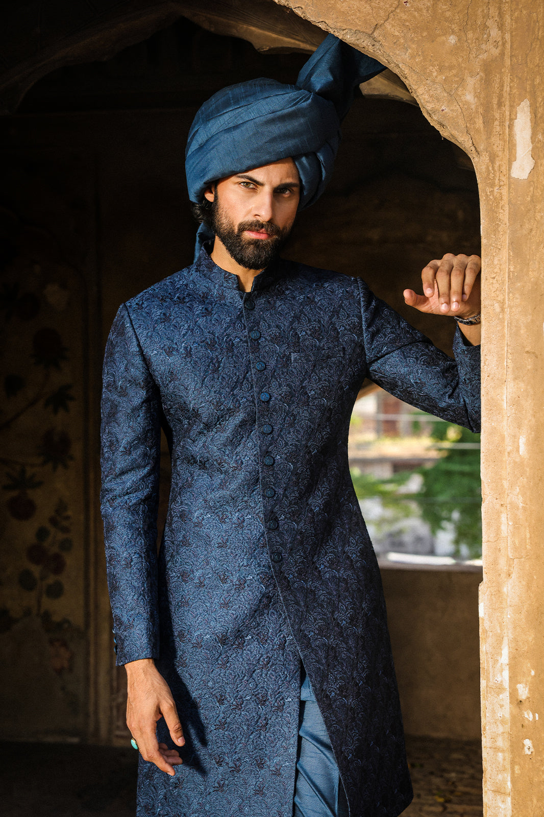 TEAL WITH BLUE EMBROIDRED SHERWANI GSW-115