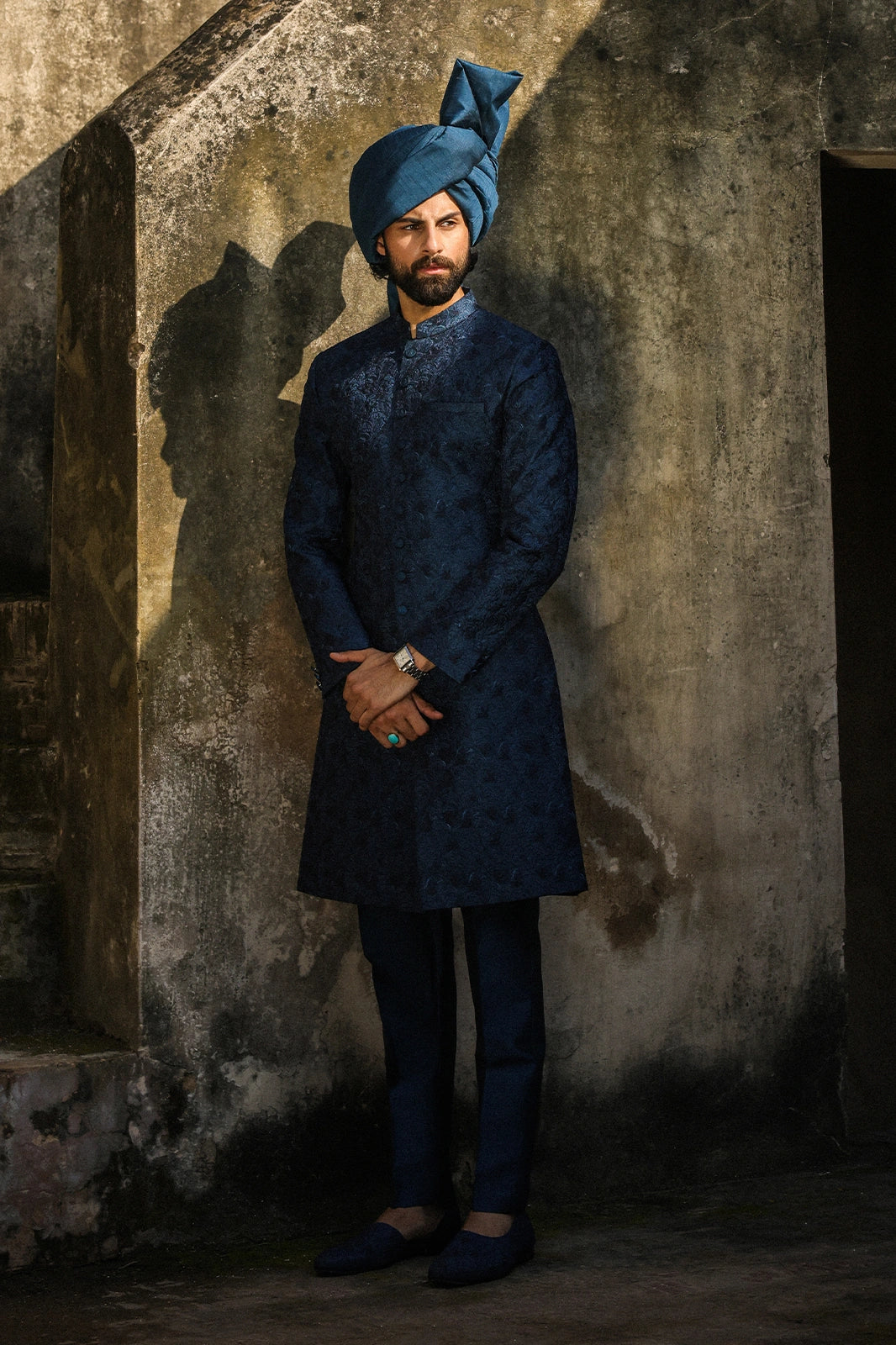 Teal with Blue Embroidered Sherwani for Men
