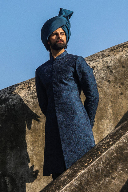 TEAL WITH BLUE EMBROIDRED SHERWANI GSW-115
