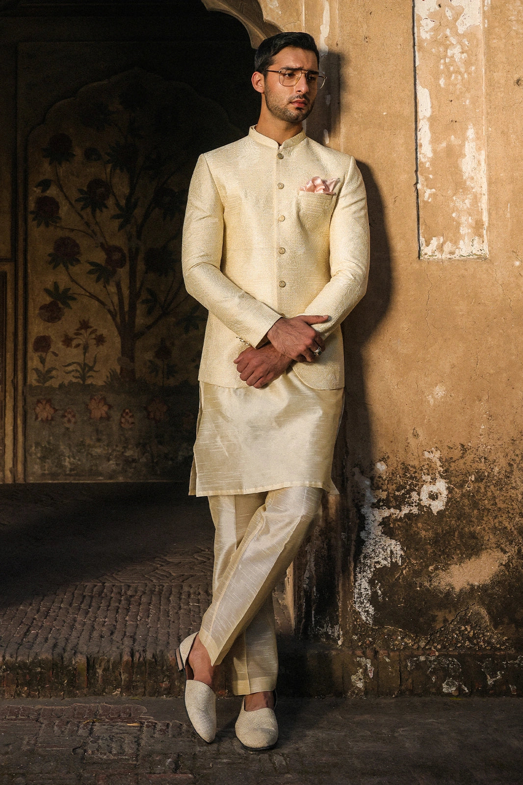 Cream Intricate Embroidered Prince Coat for Men