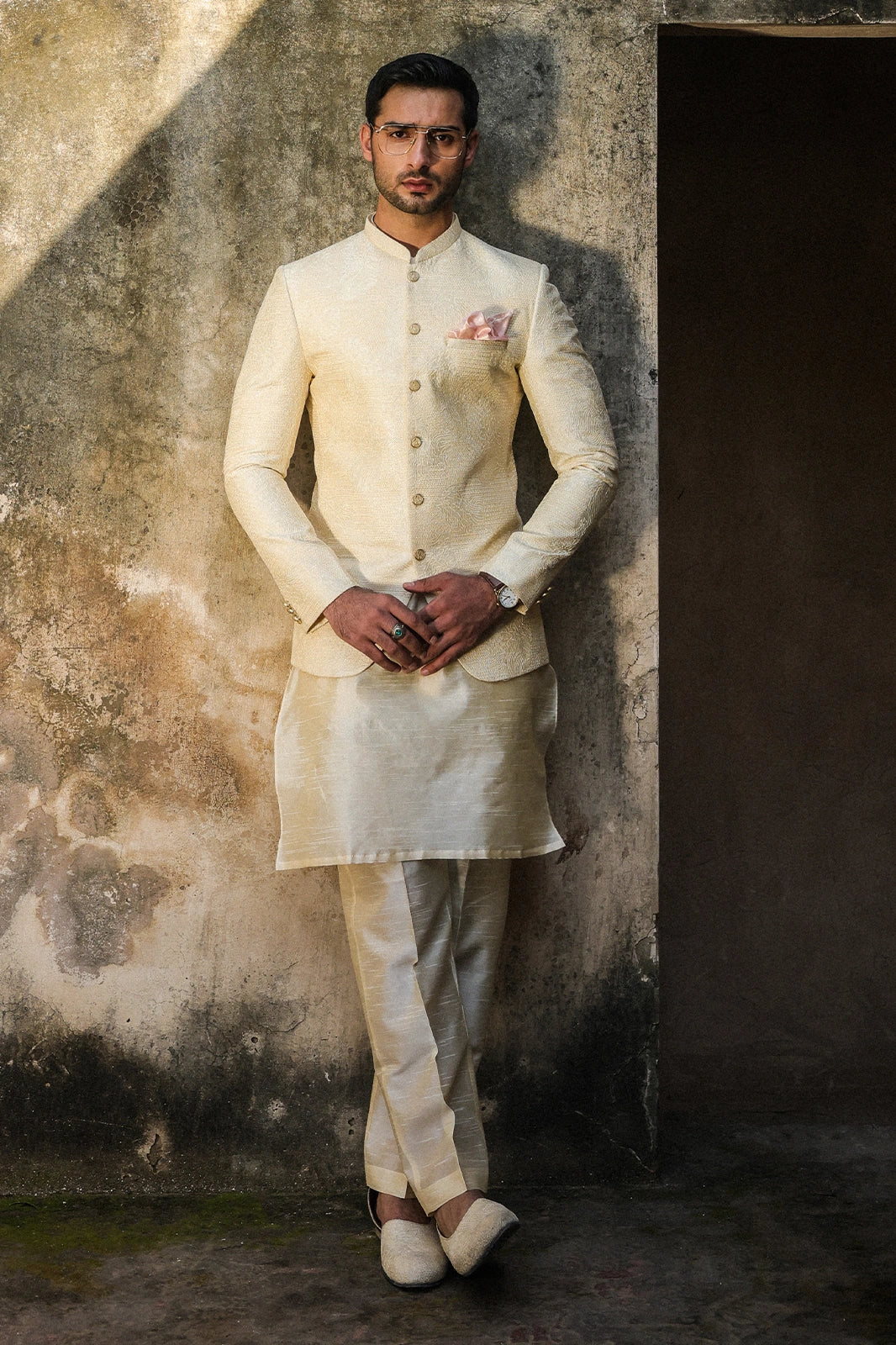 Cream Intricate Embroidered Prince Coat for Men