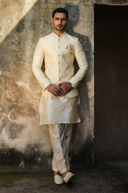 Cream Intricate Embroidered Prince Coat for Men