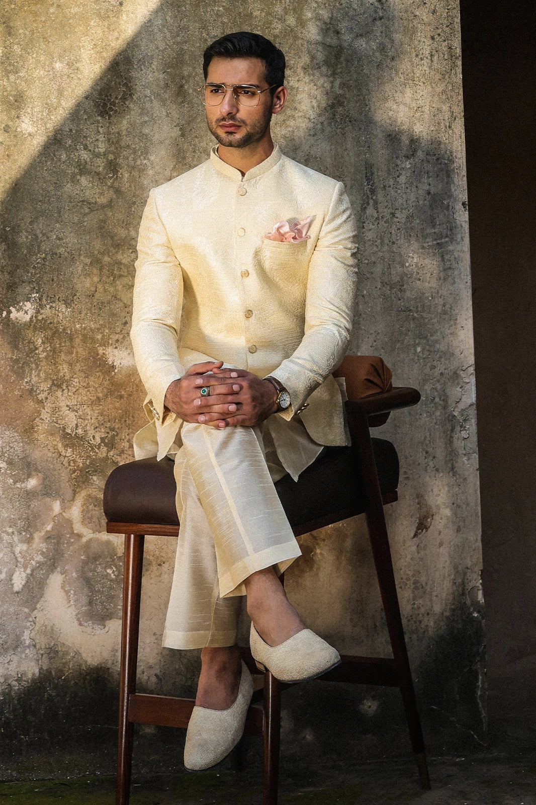 Cream Intricate Embroidered Prince Coat for Men