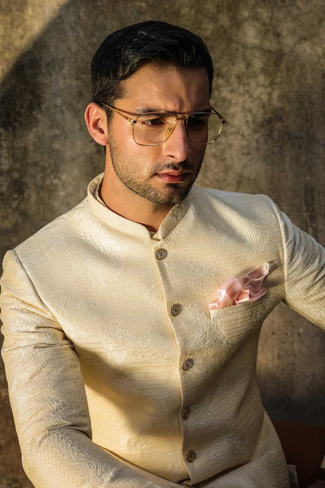 Cream Intricate Embroidered Prince Coat for Men