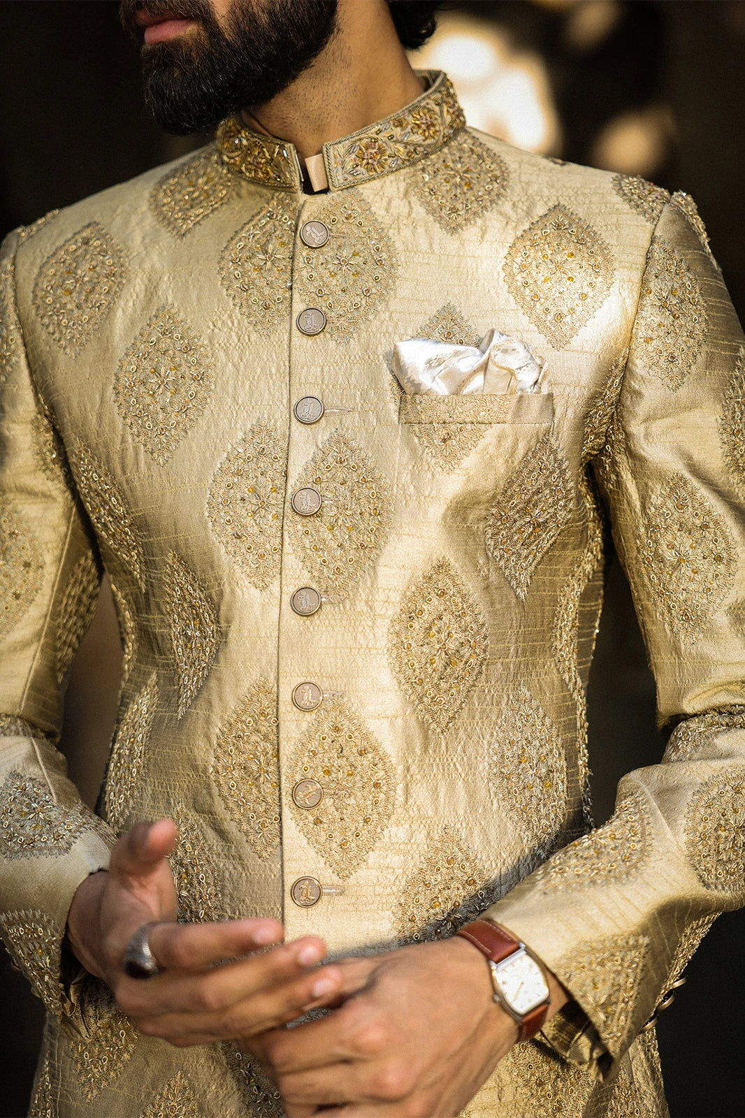 Golden Embroidered Sherwani For Men