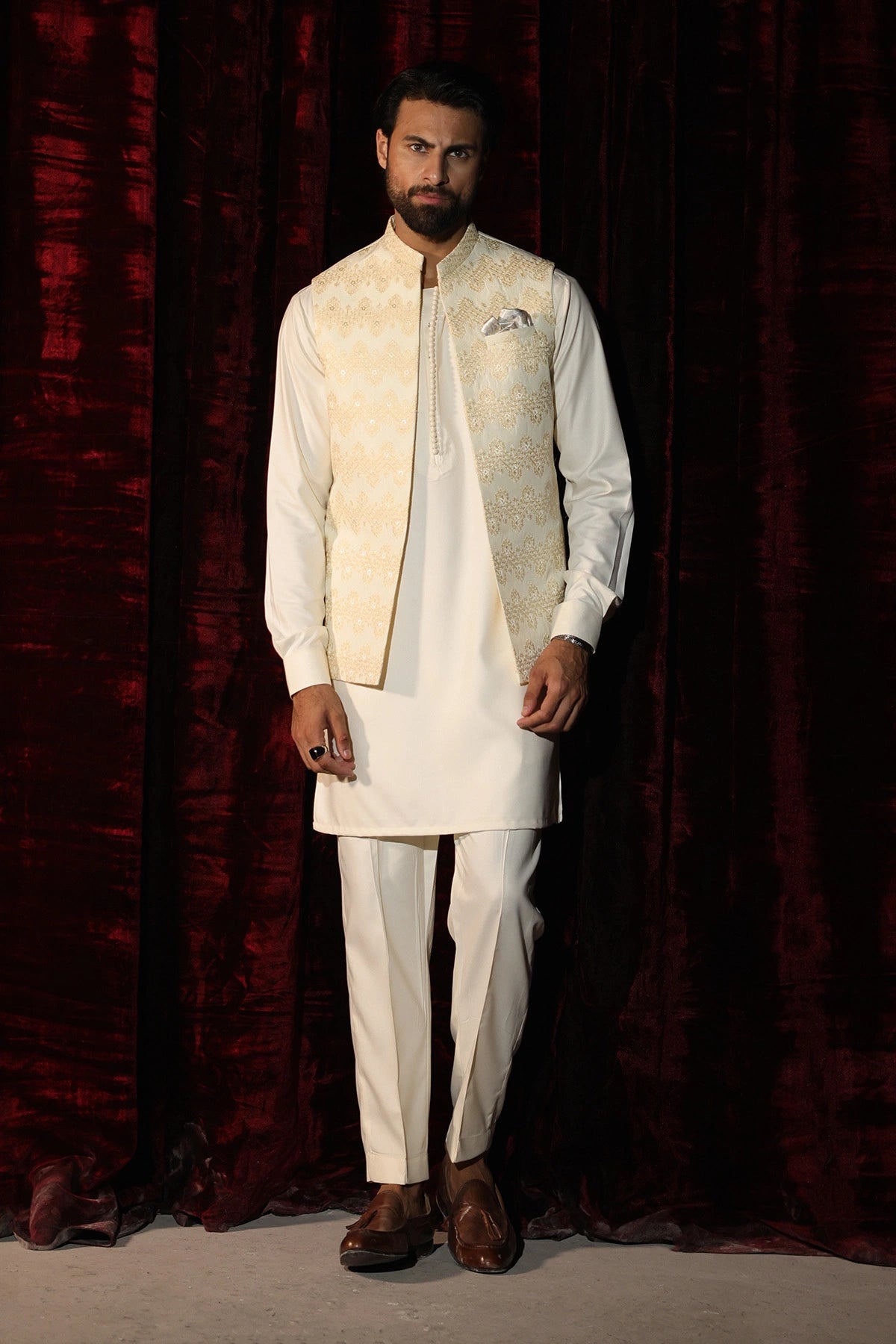 Cream Embroidered Waistcoat - WC-294