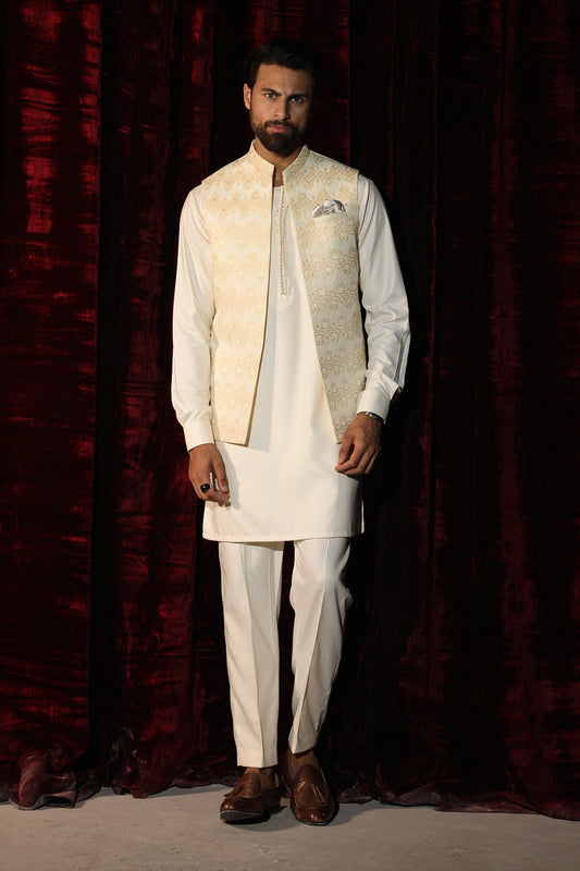 Cream Embroidered Waistcoat - WC-294