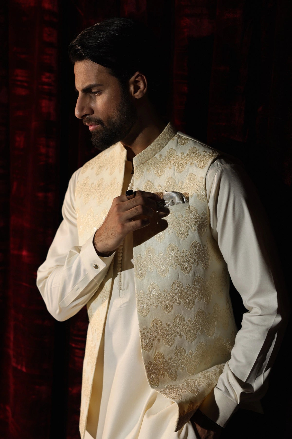 Cream Embroidered Waistcoat - WC-294