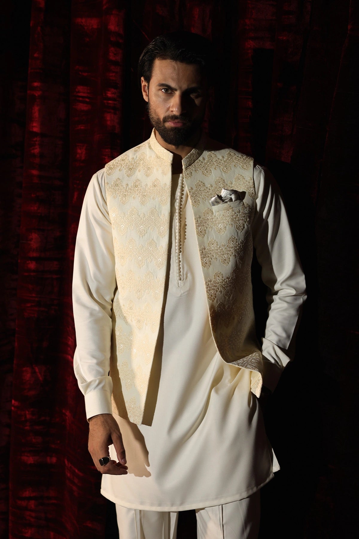 Cream Embroidered Waistcoat - WC-294