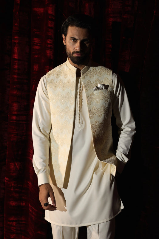 Cream Embroidered Waistcoat - WC-294