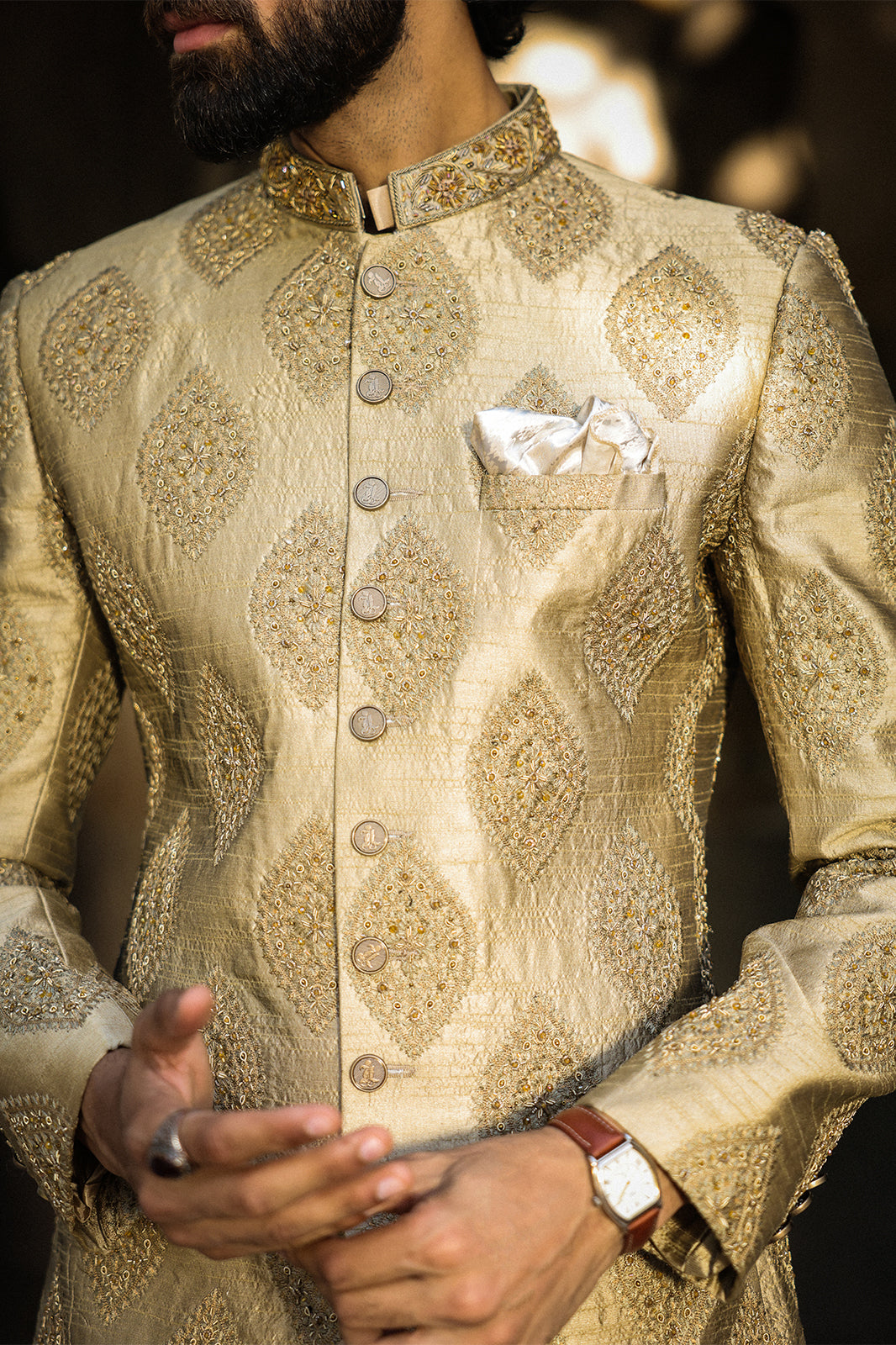GOLDEN EMBOIDERED SHERWANI WITH HAND WORK GSW-112