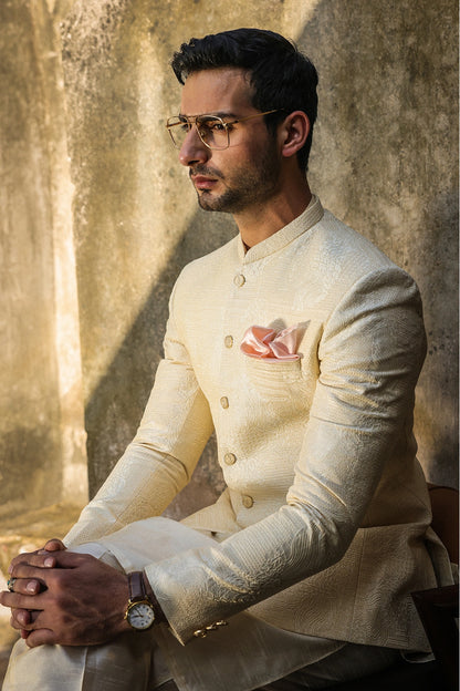 Cream Intricate Embroidered Prince Coat for Men