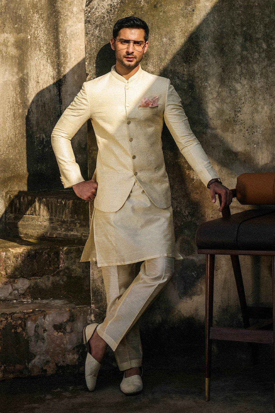 Cream Intricate Embroidered Prince Coat for Men