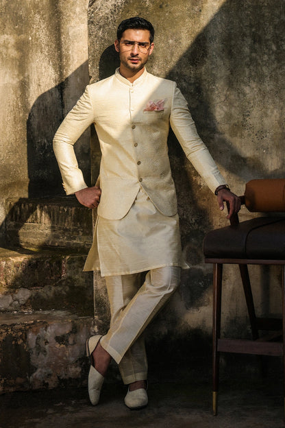 Cream Intricate Embroidered Prince Coat for Men