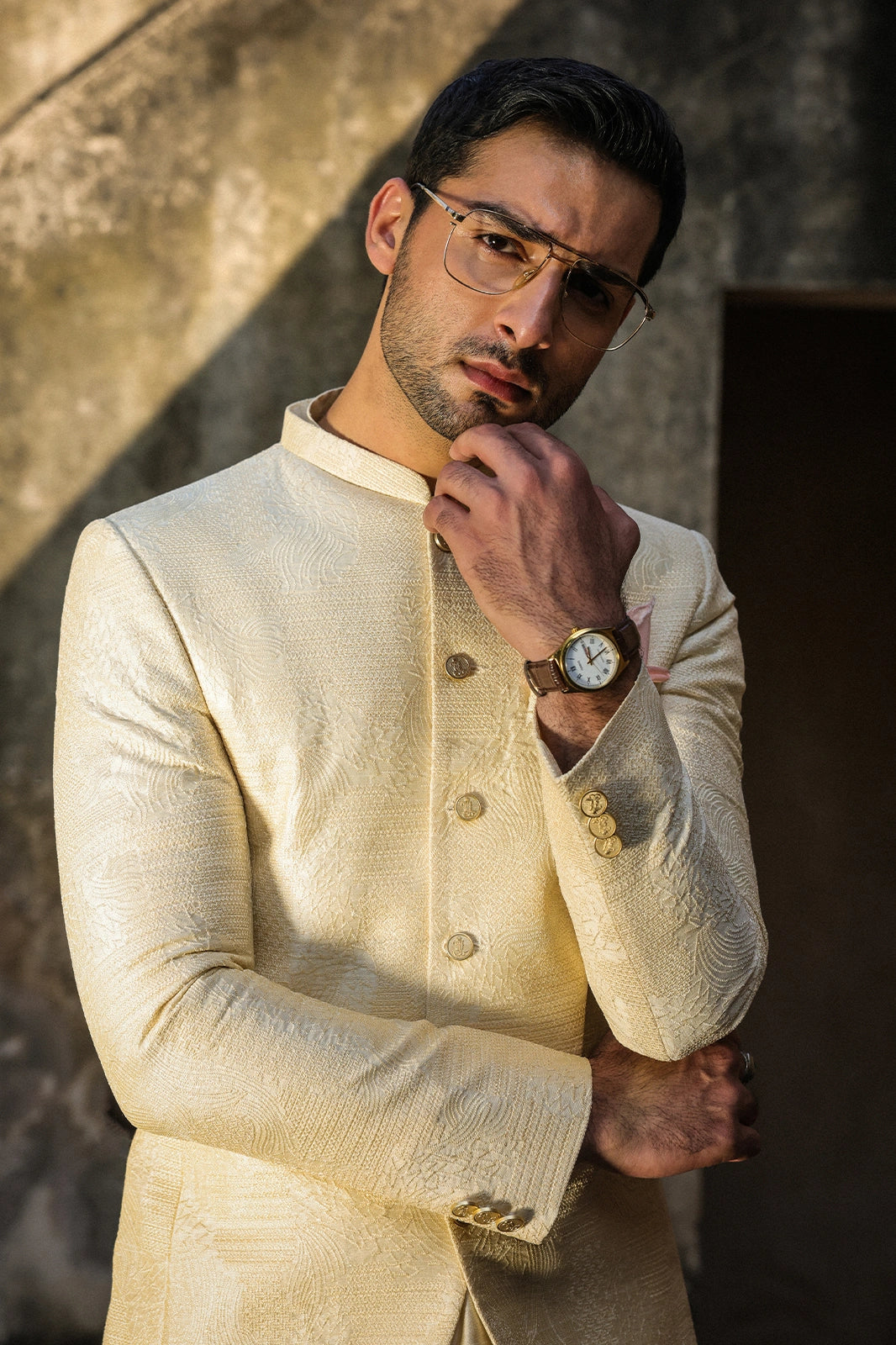 Cream Intricate Embroidered Prince Coat for Men