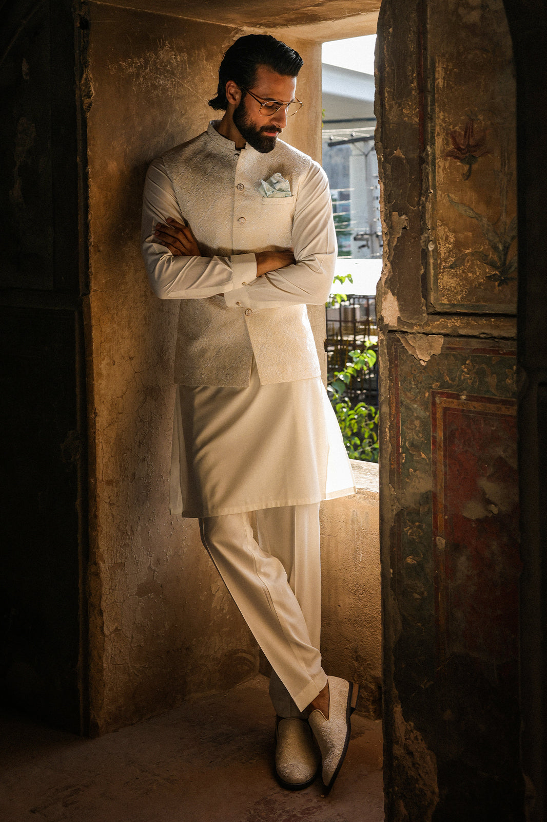 OFFWHITE SELF EMBROIDRED WAIST COAT - WC-308