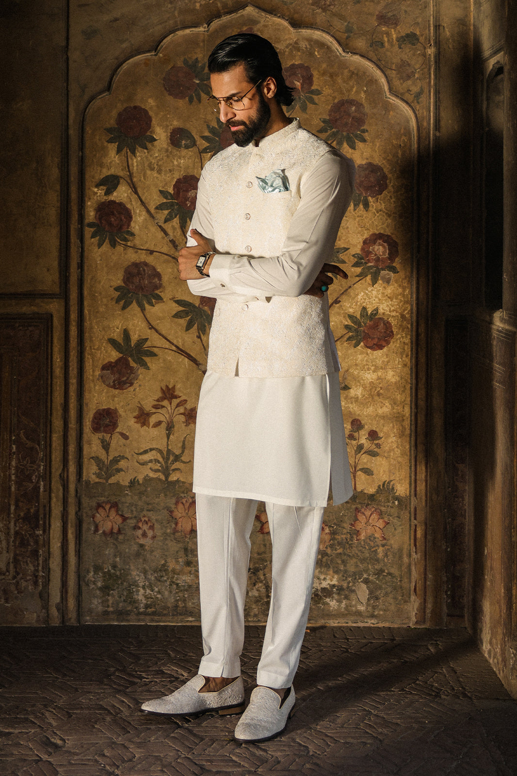 OFFWHITE SELF EMBROIDRED WAIST COAT - WC-308