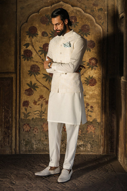 Off White Self Embroidered Waistcoat for Men