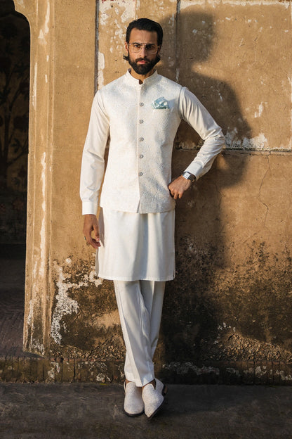 Off White Self Embroidered Waistcoat for Men