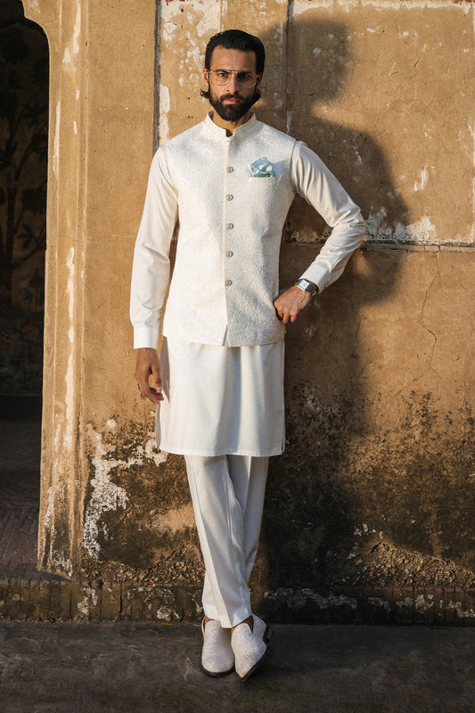 Off White Self Embroidered Waistcoat for Men