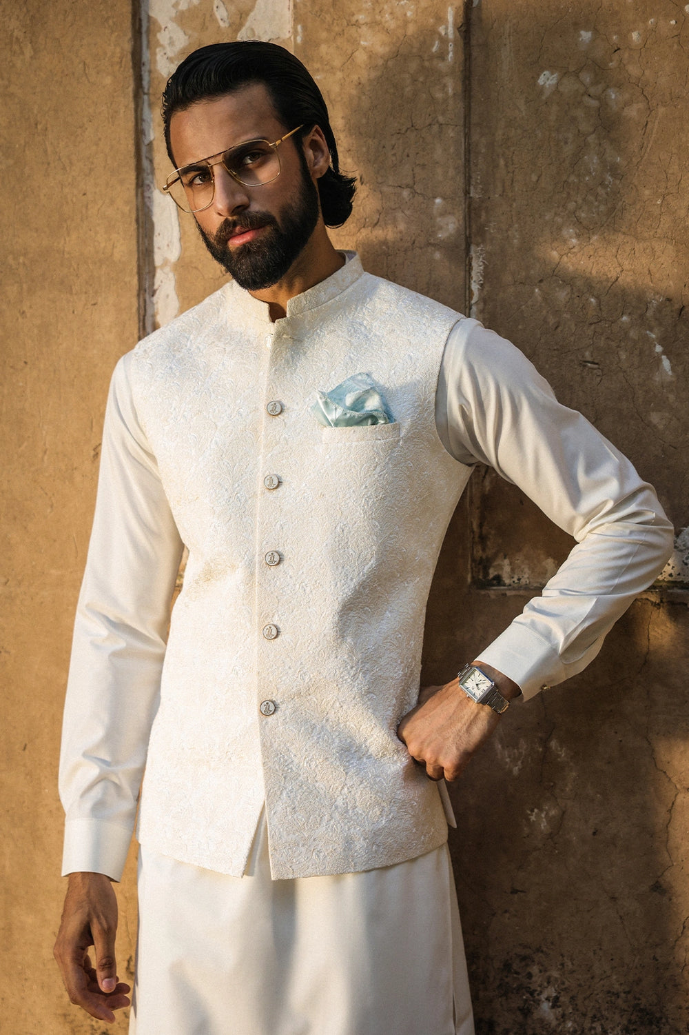 Off White Self Embroidered Waistcoat for Men