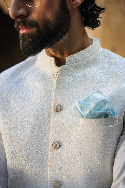 Off White Self Embroidered Waistcoat for Men