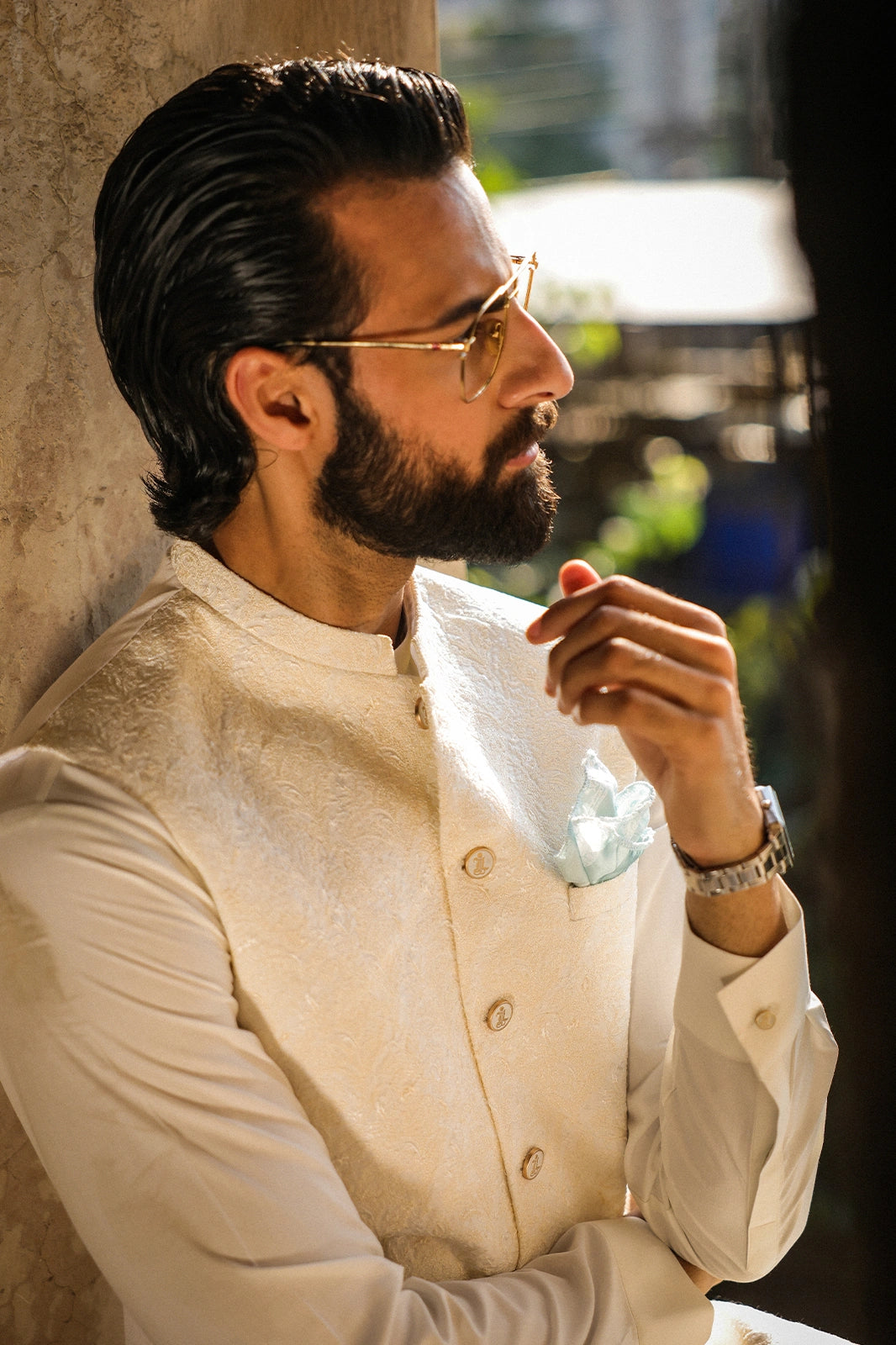 Off White Self Embroidered Waistcoat for Men