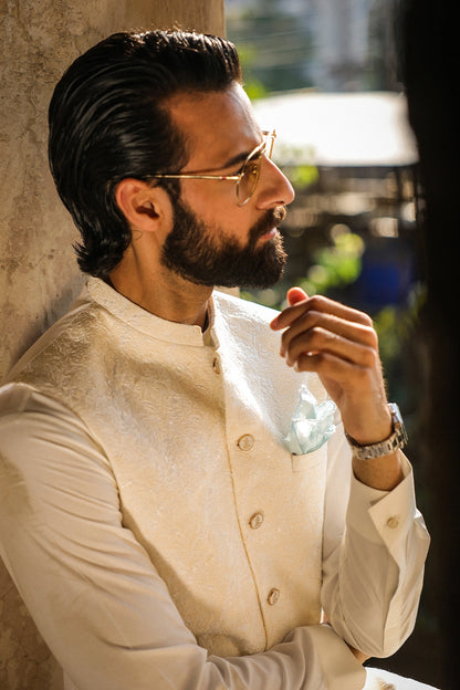 Off White Self Embroidered Waistcoat for Men