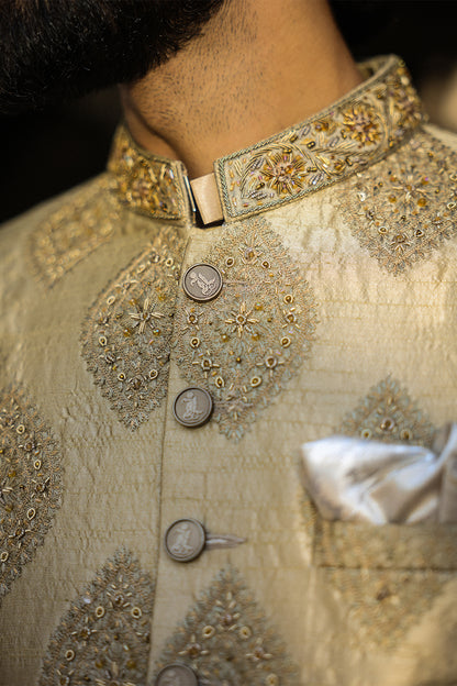 GOLDEN EMBOIDERED SHERWANI WITH HAND WORK GSW-112