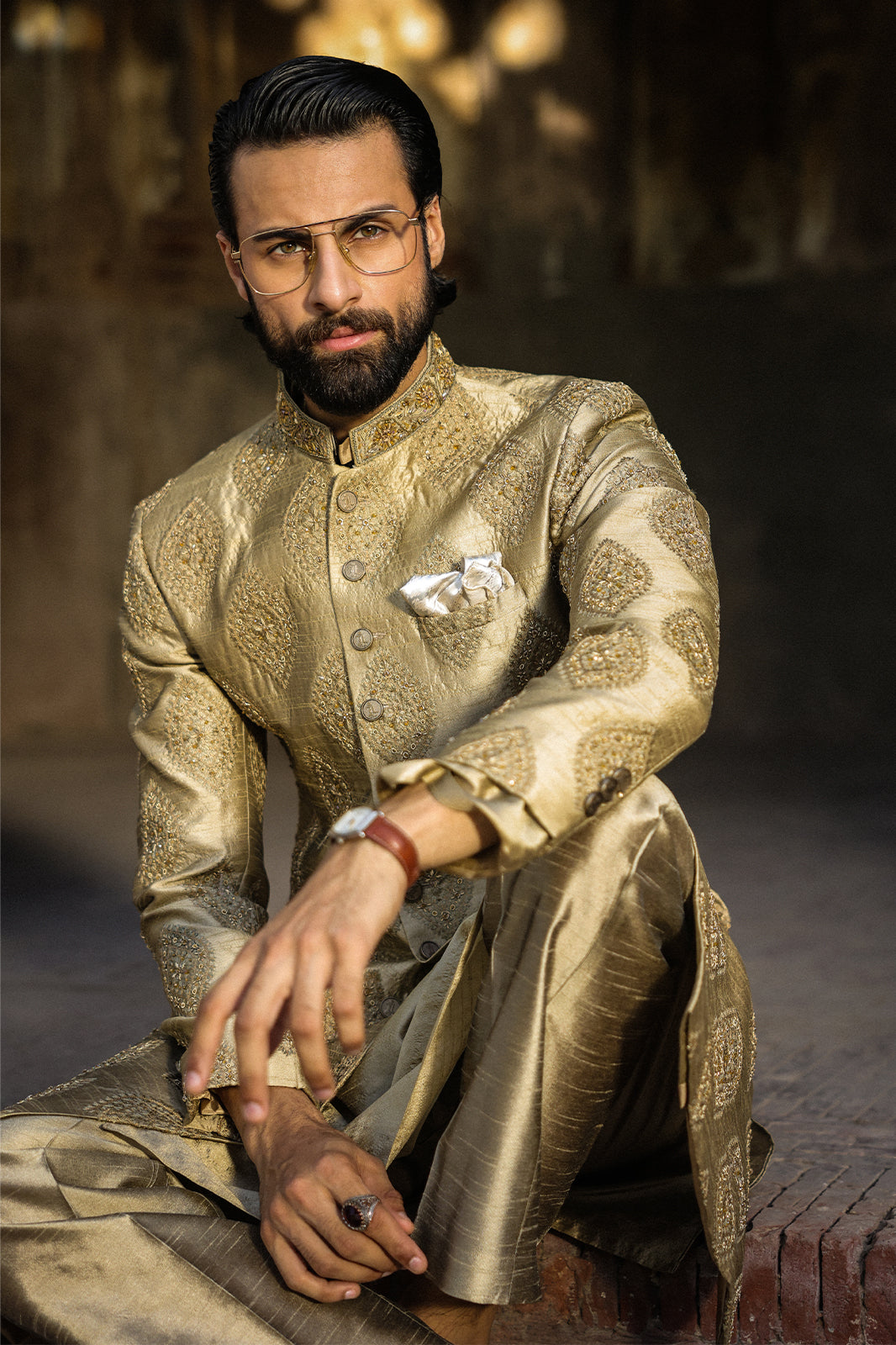 GOLDEN EMBOIDERED SHERWANI WITH HAND WORK GSW-112