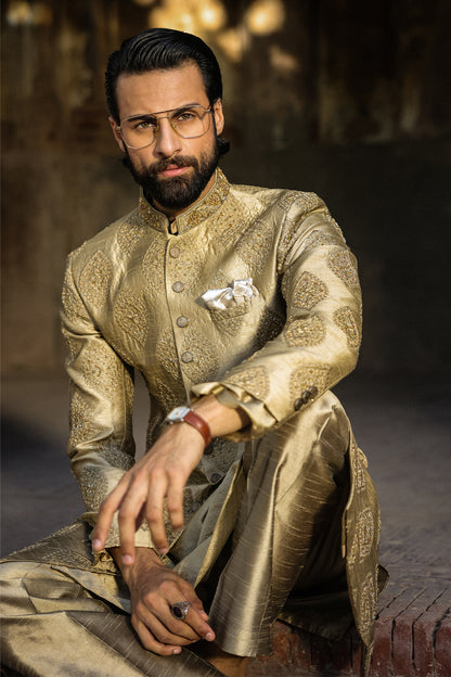 GOLDEN EMBOIDERED SHERWANI WITH HAND WORK GSW-112
