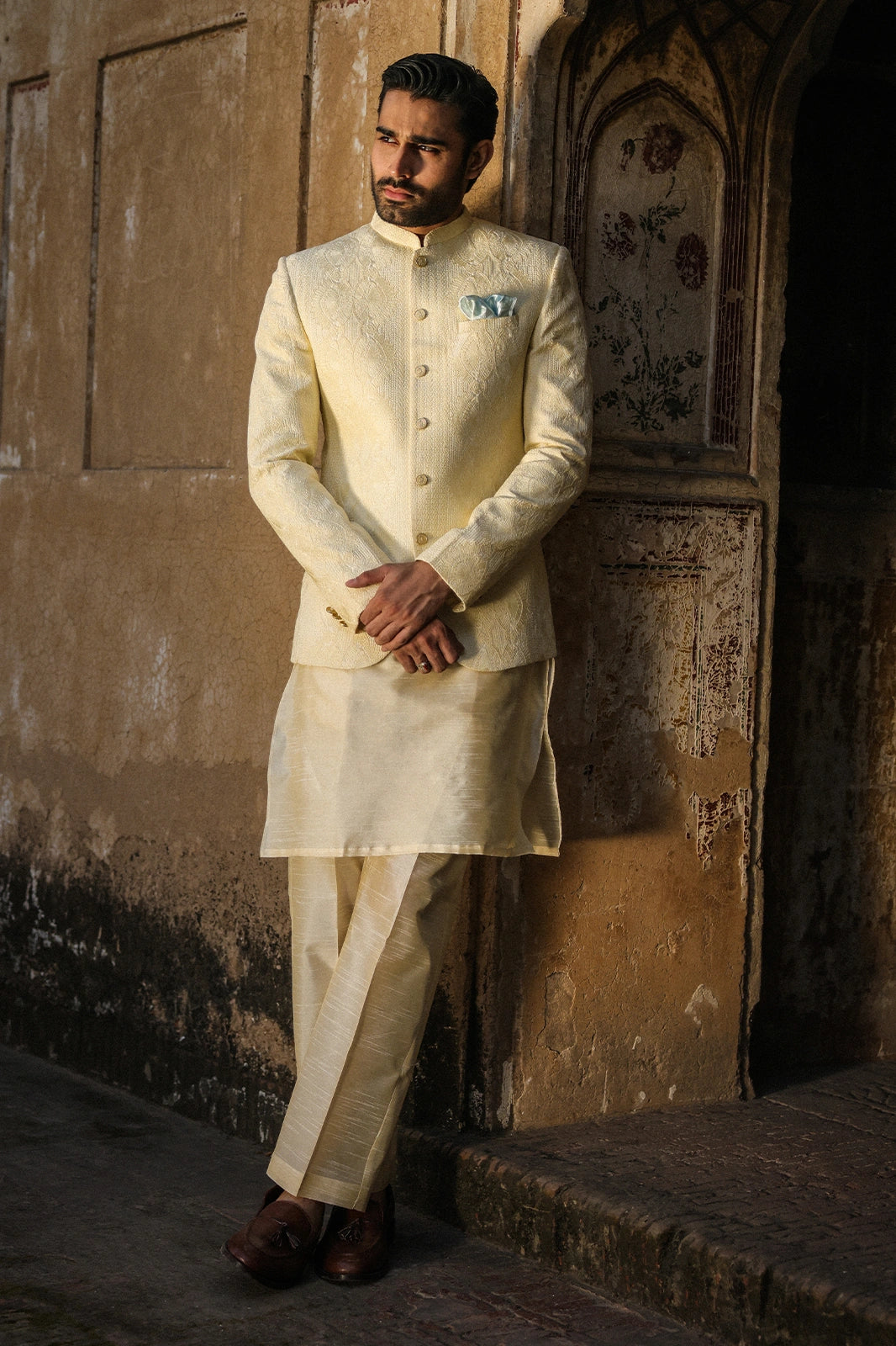 Ivory Self-Embroidered Prince Coat for Men