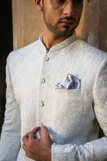 Ice Blue & Off-White Embroidered Prince Coat for Men