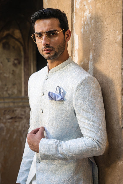 Ice Blue & Off-White Embroidered Prince Coat for Men