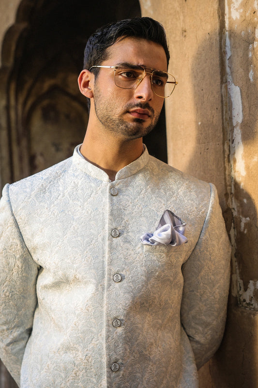 Ice Blue & Off-White Embroidered Prince Coat for Men