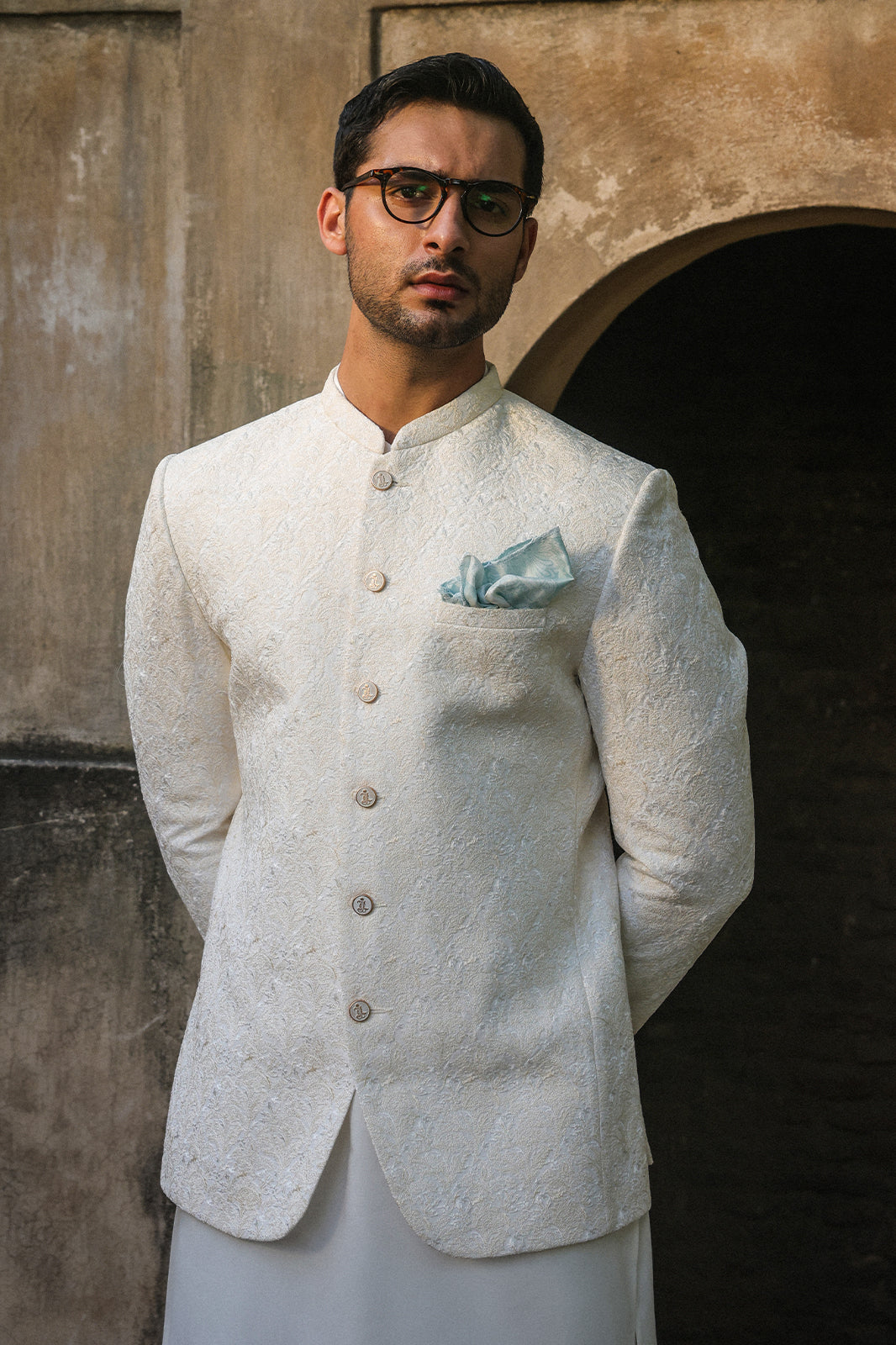 OFFWHITE SELF EMBROIDRED PRINCE COAT PC-117