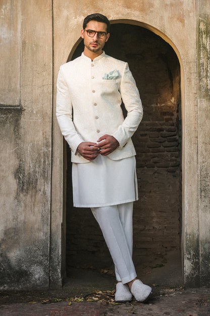 OFFWHITE SELF EMBROIDRED PRINCE COAT PC-117