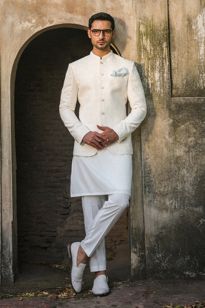 OFFWHITE SELF EMBROIDRED PRINCE COAT PC-117