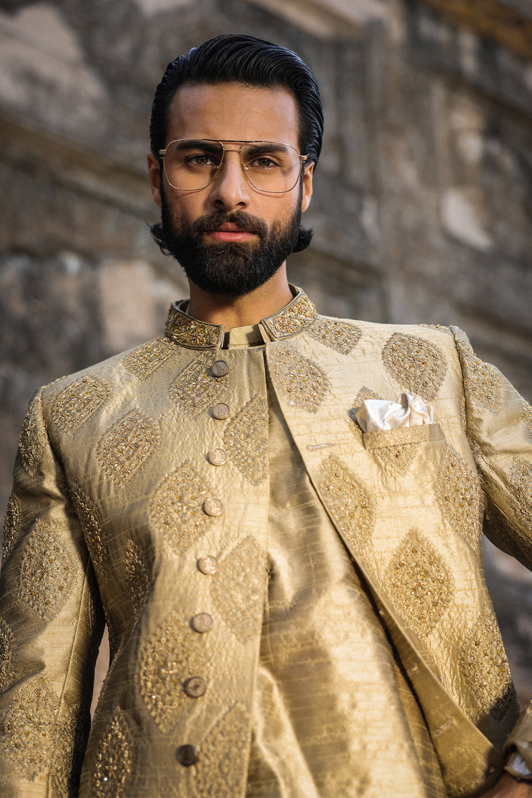 GOLDEN EMBOIDERED SHERWANI WITH HAND WORK GSW-112
