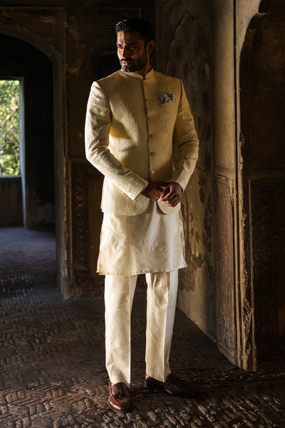 IVORY SELF EMBOIDERED PRINCE COAT PC-111