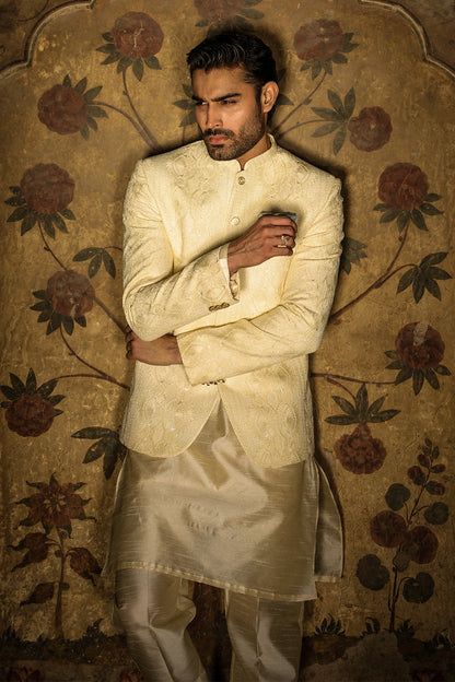 Ivory Self-Embroidered Prince Coat for Men