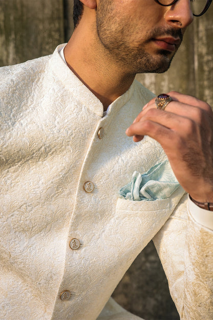 Off White Self-Embroidered Prince Coat for Men