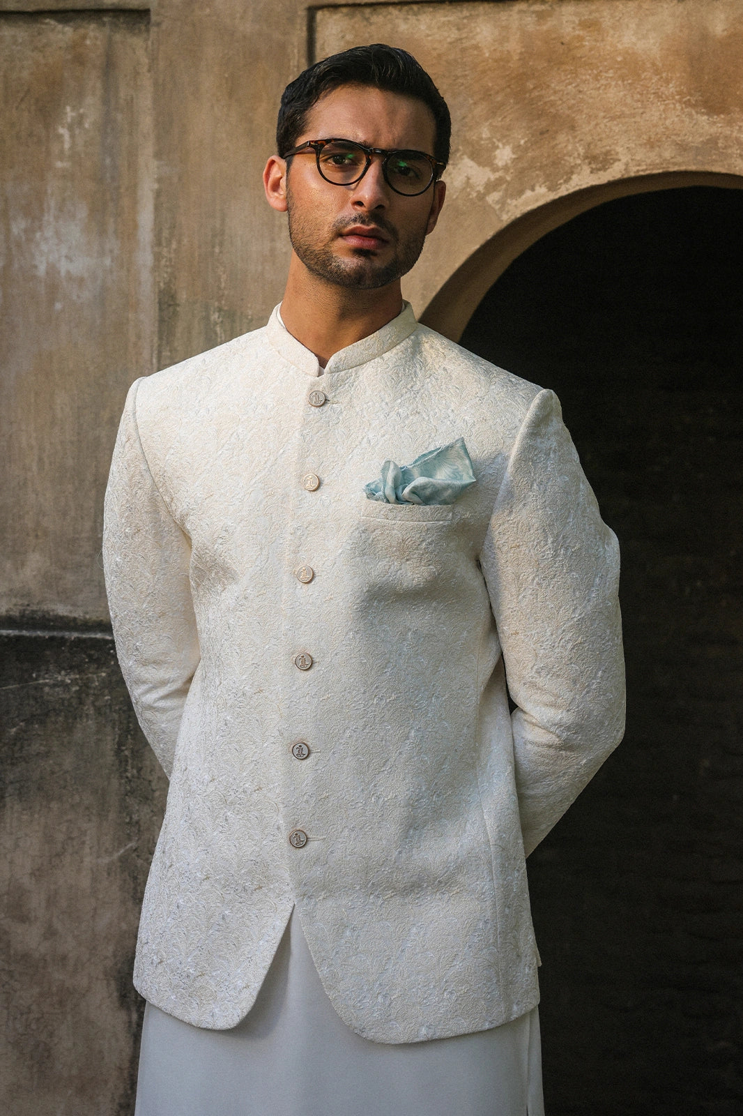 Off White Self-Embroidered Prince Coat for Men