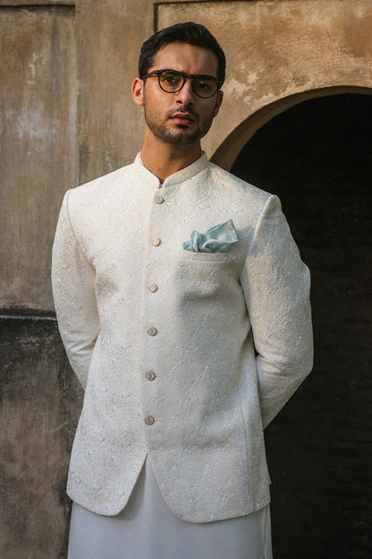 Off White Self-Embroidered Prince Coat for Men
