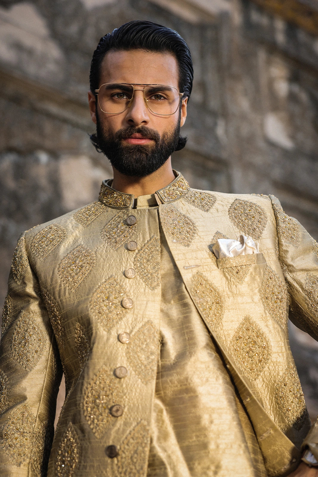 Golden Embroidered Sherwani For Men