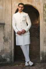 Off White Self-Embroidered Prince Coat for Men