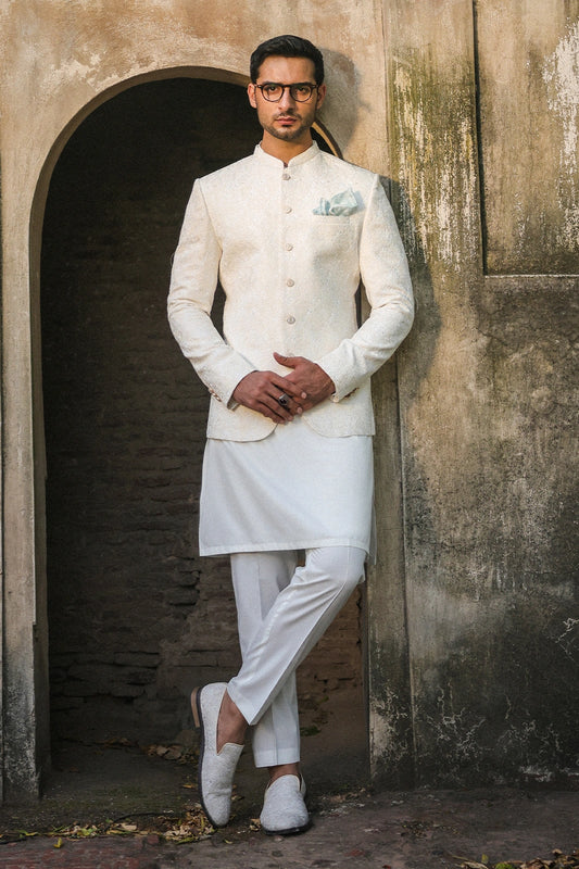 Off White Self-Embroidered Prince Coat for Men