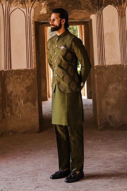 Green Embroidered Mens Waistcoat